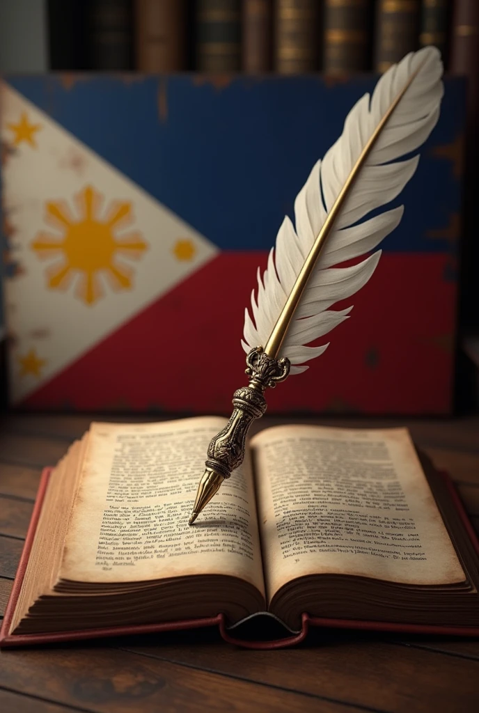 a pluma, a book, make it a bit more vintage, philippines , include the philippines flag