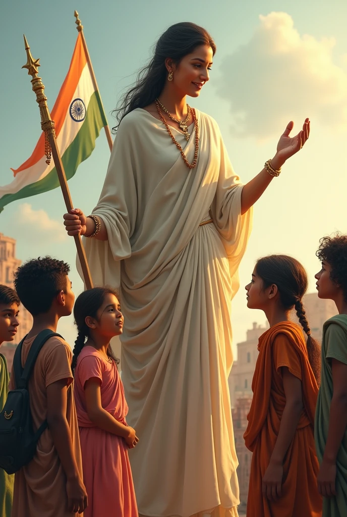 I want to create a picture of Indian map in which Bharat Mata is shown with flag in her hand and she has put her hand on the heads of kids of different religion in  a very harmonious way