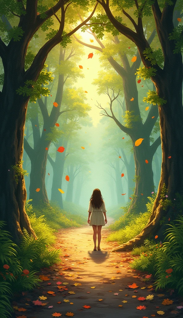 A sunlit forest path, symbolizing the journey of self-knowledge, with leaves falling around.
