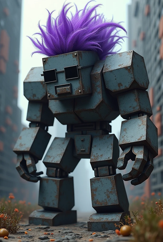 Minecraft iron golem with purple hair and very ugly with square glasses
