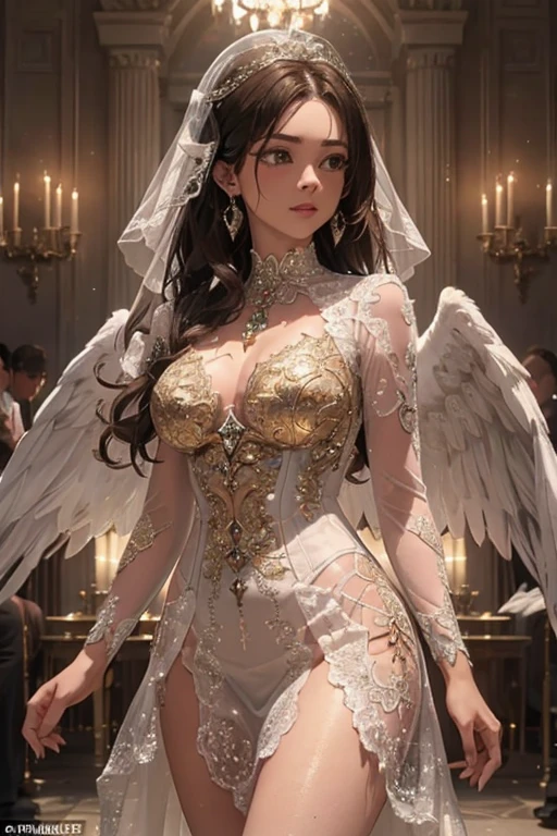 UHD, obra-prima, anatomicamente correto, super detalhe, alto detalhe, alta qualidade, Concedido, mais alta qualidade, alta resolução, 8k, mulher modelo flutuando levemente no ar, (local) interior futurista da nave espacial, (((The audience is angel)), clothes that fuse machines and new dresses. Only the template is displayed. Luz deslumbrante, Halo deslumbrante, Roboto, android, complex machine, Modelo de moda Idloid, sorrir, high exposure, pele humana, vestido luxuoso, (Medieval aristocratic dress: 1.3), Observer Clock, soft metal fabric, vestido de corrida branco de neve bonito, artistic Race, (pernas humanas, pernas bonitas da pele, pernas bonitas. The concrete representation of love is an ethereal and luminous structure that radiates warmth and brightness. Ela se assemelha a um delicado cristal tridimensional, formed by an intricate network of interwoven golden threads. Esses fios de ouro irradiam suavemente uma luz suave, que varia entre tons quentes de rosa, vermelho e dourado. The structure is fluid, como se estivesse constantemente se movendo, pulsing in tune with the heartbeat of those who observe it;. as the observer approaches, a estrutura parece responder ao seu estado emocional, changing your intensity and patterns of light to reflect the depth of the feeling of love present. As extremidades dos fios dourados se estendem como raios, conectando-se com outras estruturas semelhantes, symbolizing the connections and relationships that love creates.