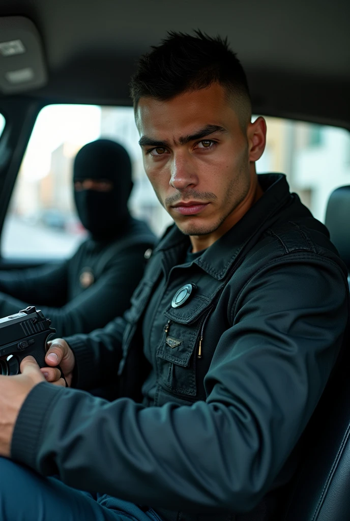 a man who is a young-looking Spanish special forces agent without a beard, a hairstyle(taper fade and with a gun in his hand stopping a thief who is wearing a mask and inside the police car