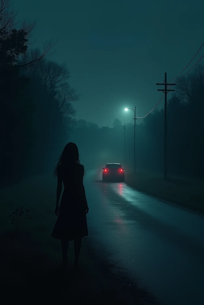 give me some pictures of road in night and a car and one woman along the street looks like some horror scary