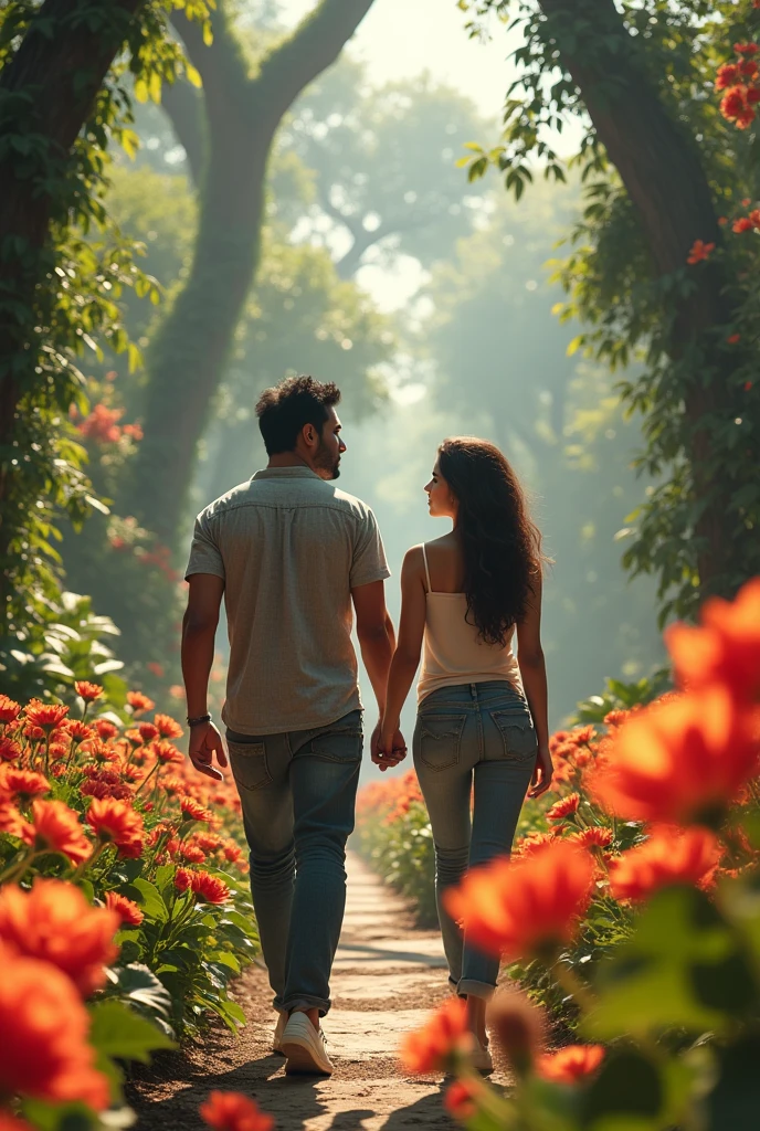 a Mexican man and a small beautiful Asian woman walking through a lush flower garden, detailed facial features, casual dress, sunny day, photorealistic, cinematic lighting, intricate foliage, towering trees, dynamic poses, dramatic shadows, vibrant colors, breathtaking scenery, (best quality,4k,8k,highres,masterpiece:1.2),ultra-detailed,(realistic,photorealistic,photo-realistic:1.37), cinematic, dramatic lighting