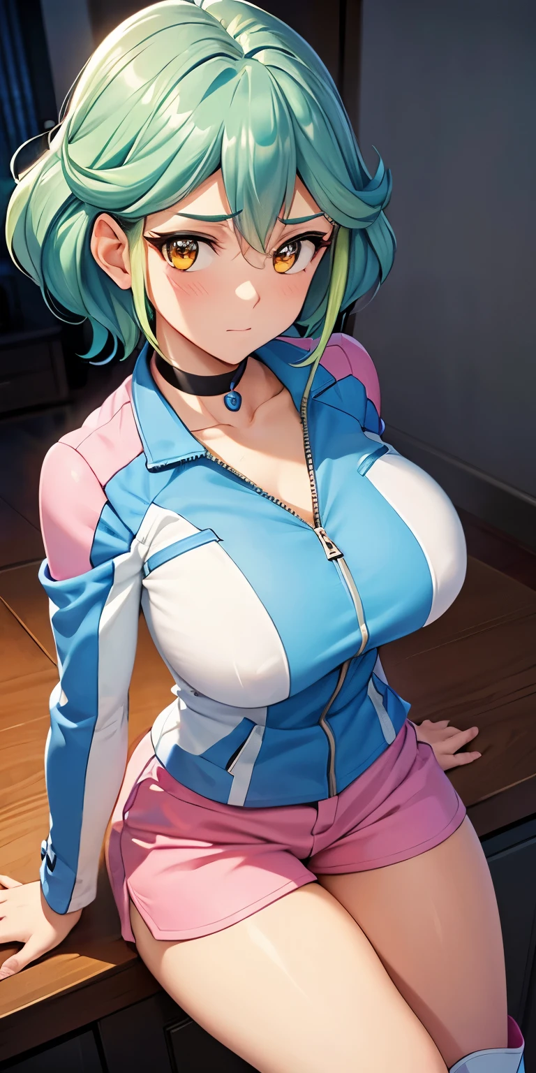 1 Female,High definition,high resolution,Ultra-realistic,8K, rin_arc_v,blue jacket,long sleeves,black choker,pink shorts,white thighs boots, multicolored hair,yellow eyes,European,sexy,Upper body close-up,Photographed from the front,Dynamic Angles,private teacher,blush, huge tits  , pretty  ,(pov , closed shot:1.3)