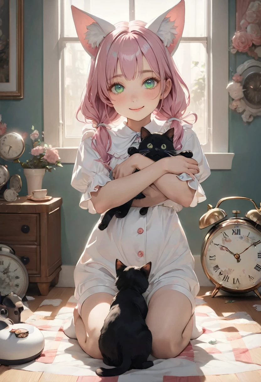 a white rabbit costume from Alice in Wonderland with Alarm Clock, (Cute a and woman:1.5), (masterpiece:1.3), anime visual, (tilt head:1.3), extremely delicate face, realistic lighting and shading, (an extremely delicate and beautiful art:1.3), smiling, smiling, full body shot, fullbody shot, from front, a has pink pigtails, cat ears, heterochromatic eyes, with her right eye being a vivid pink and her left eye a bright blue, hugging a black cat,Height 120cm,wariza,a woman with pale purple low-twintails,green eyes, hugging a ,wariza,