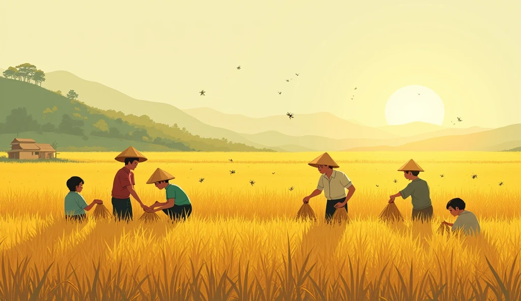 Vietnamese, morning, golden rice fields, a group of people harvesting rice, a group of people sitting resting and drinking tea in the style of minimalist cartooning, cartoonish character design, hieratic visionary, figura serpentinata, bioluminescence, bill watterson