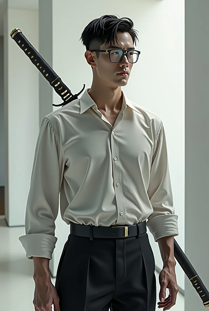 Tall lean man with glasses, short hair, modern formal shirt, full body, Katana