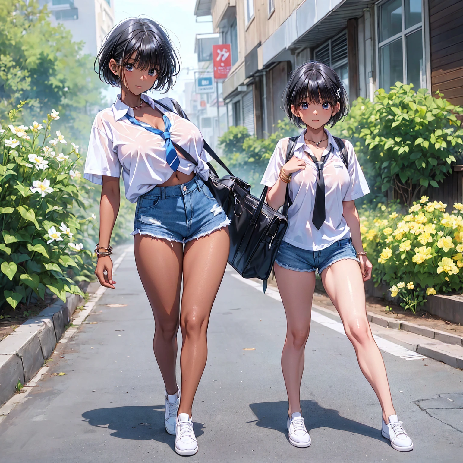 NSFW,(a cartoon woman wearing shorts and a shirt tied around the neck walks through the street, 1girl, breasts, outdoors, solo, necktie, shorts, shirt, short hair, road, dark-skinned female, jewelry, bracelet, dark skin, denim shorts, denim, blue necktie, full body, looking at viewer, between breasts, large breasts, shoes, necktie between breasts, black hair, open clothes, white footwear, white shirt, short shorts,tomboy,shiny skin,tomboy