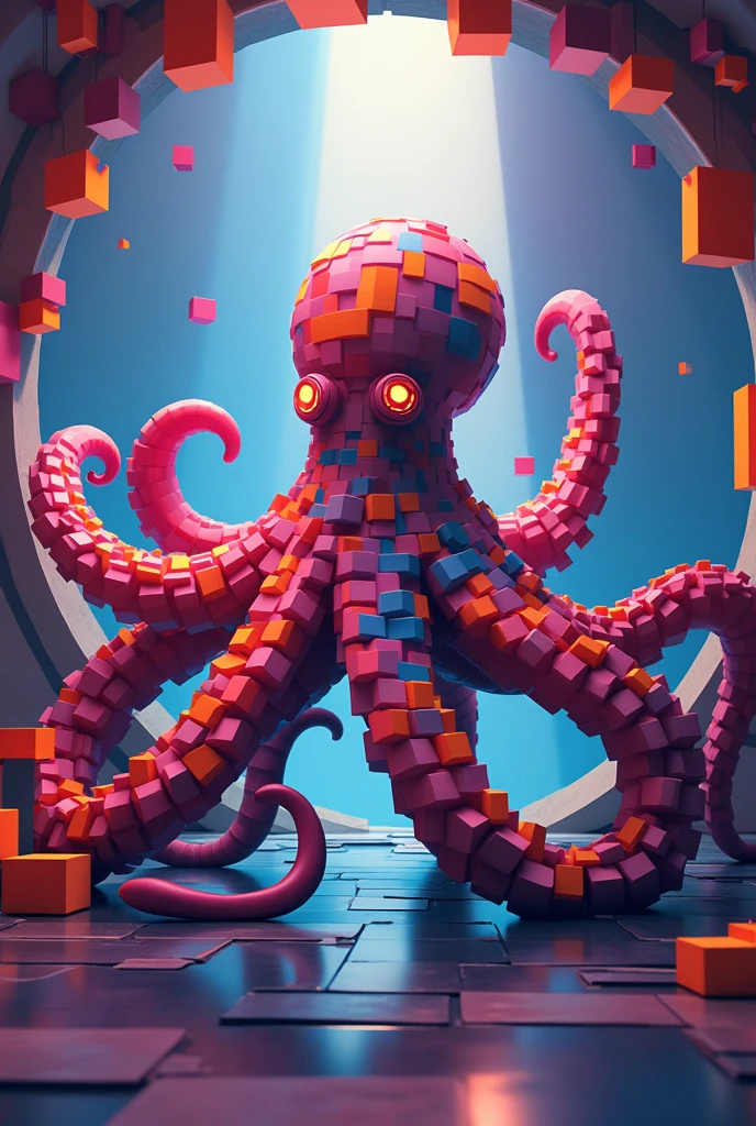A large number of geometric colored blocks form a simple large octopus,Abstract modeling,Walking in a circular hall,Light effects,Premium color matching,Tyndall effect,Near big far small