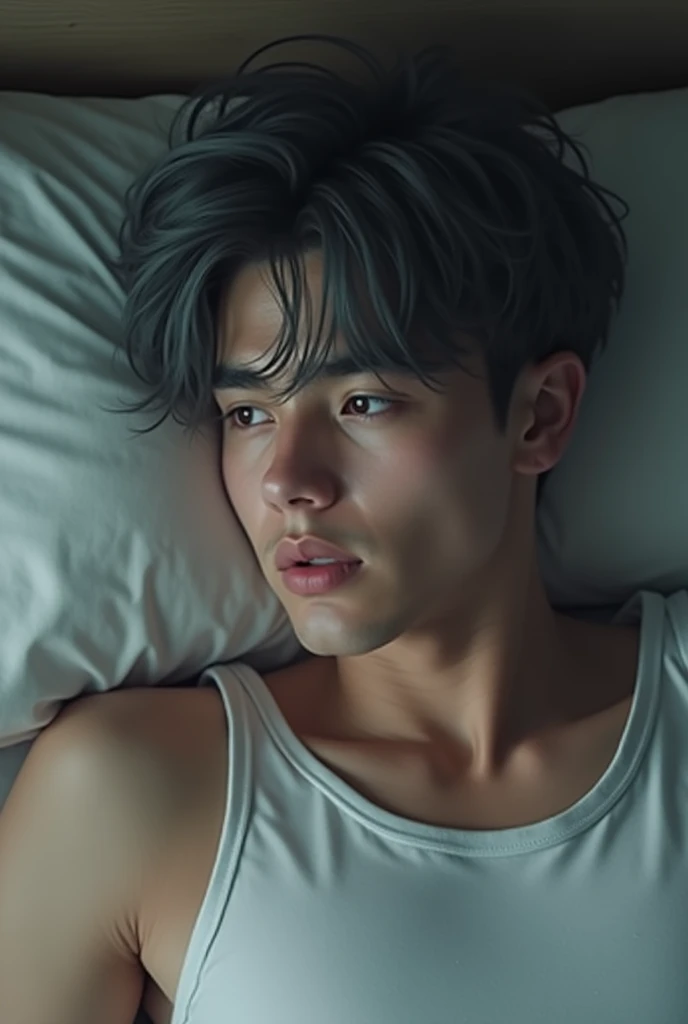 20 year old male with grey hair, Two-block haircut , Wearing a plain white tank top, Lying in bed, Pensive expression