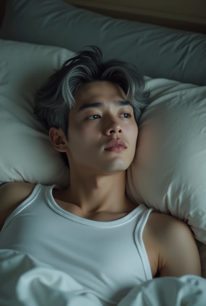 20 year old male with grey hair, Two-block haircut , Wearing a plain white tank top, Lying in bed, Pensive expression
