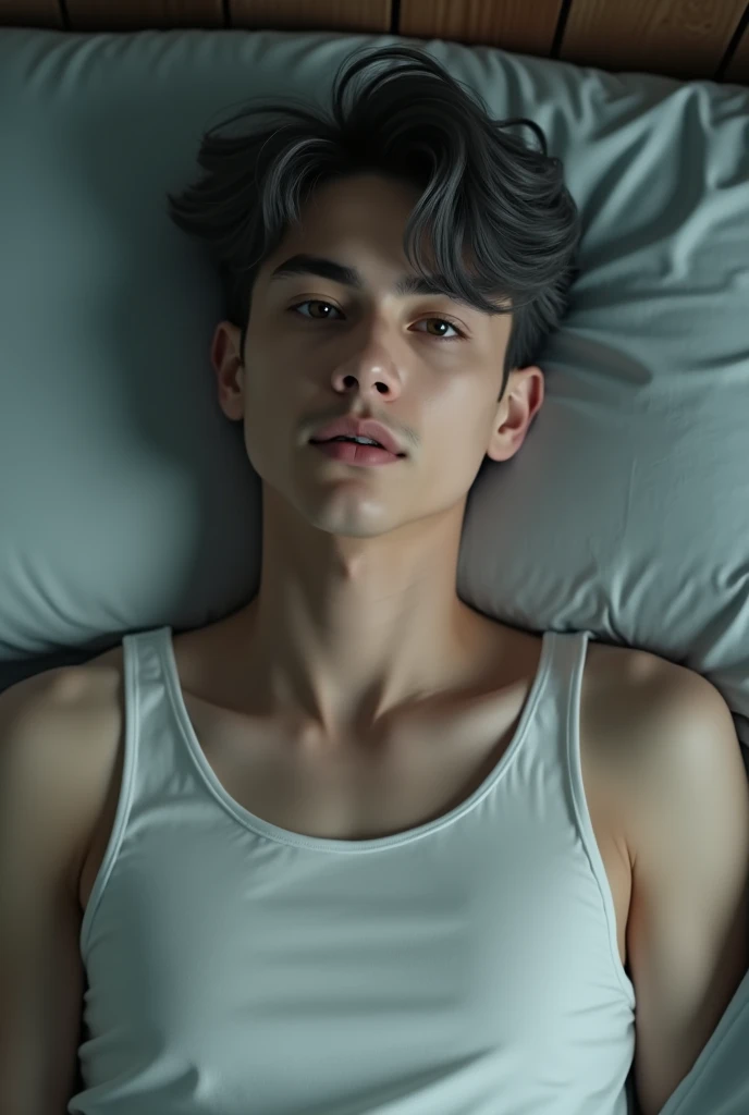 20 year old male with grey hair, Two-block haircut , Wearing a plain white tank top, Lying in bed, Pensive expression