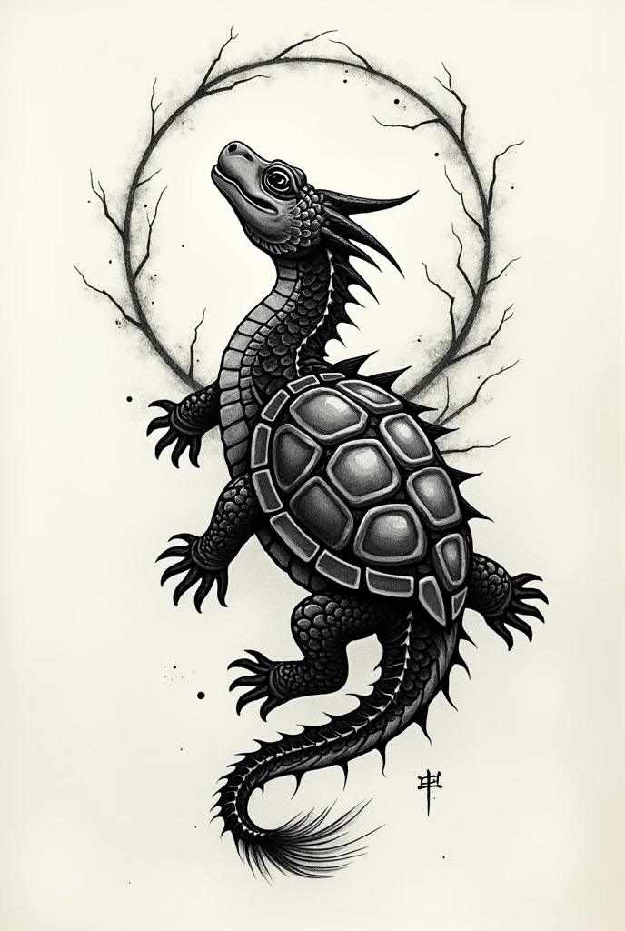 Chinese style tattoo of a dragonic black Tortoise with doodle like while its beautiful shell is shown facing northeast then the head is looking at the front