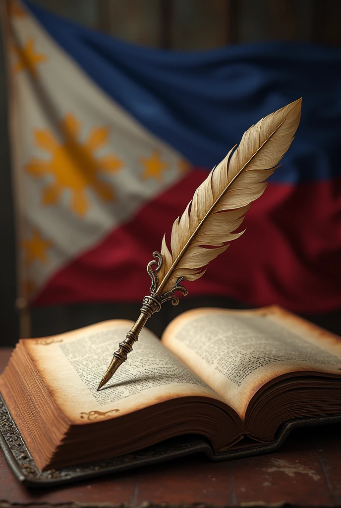 a pluma, a book, make it a bit more vintage, philippines , include the philippines flag