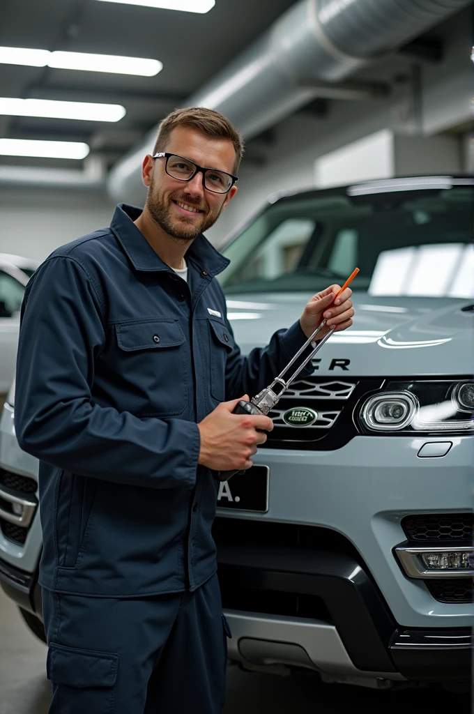 Rang rover sport bonet open and baby technician infront of tha vehicle With a tool in his hand hd qulity photo