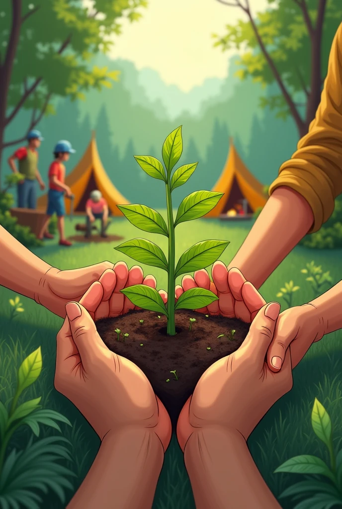 create a design that contains a combination of team camping activities with the theme of replanting forests with the design focus in the middle of two hands holding tree seedlings