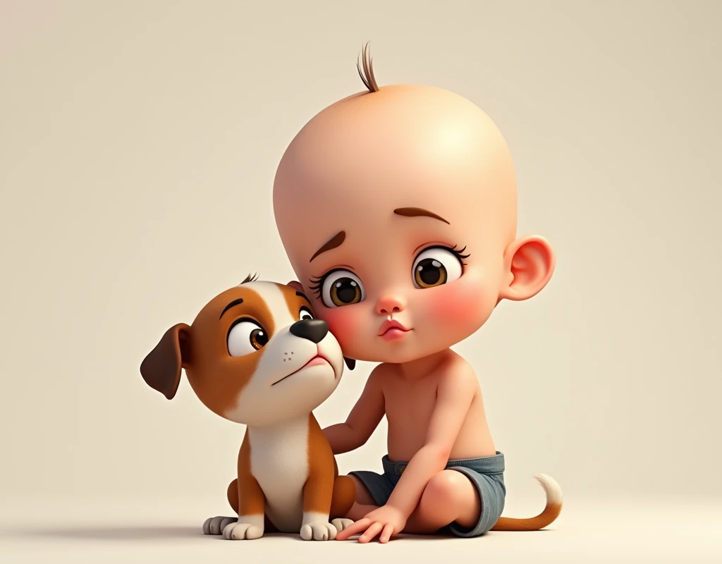 Very wide picture, full body, Very wide picture, full body, Cute 4-year-old bald boy pouting his lips with a puppy sitting next to him, realistic,16k, high detail, high resolution, professional, HDR, extreme detail, Caricature