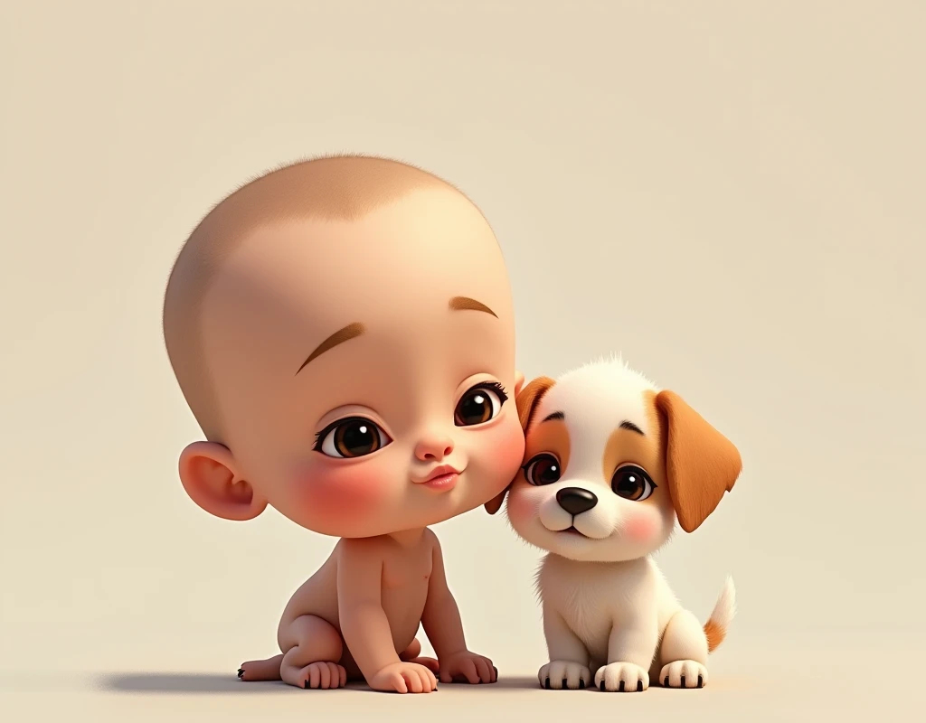 Very wide picture, full body, Very wide picture, full body, Cute 4-year-old bald boy pouting his lips with a puppy sitting next to him, realistic,16k, high detail, high resolution, professional, HDR, extreme detail, Caricature