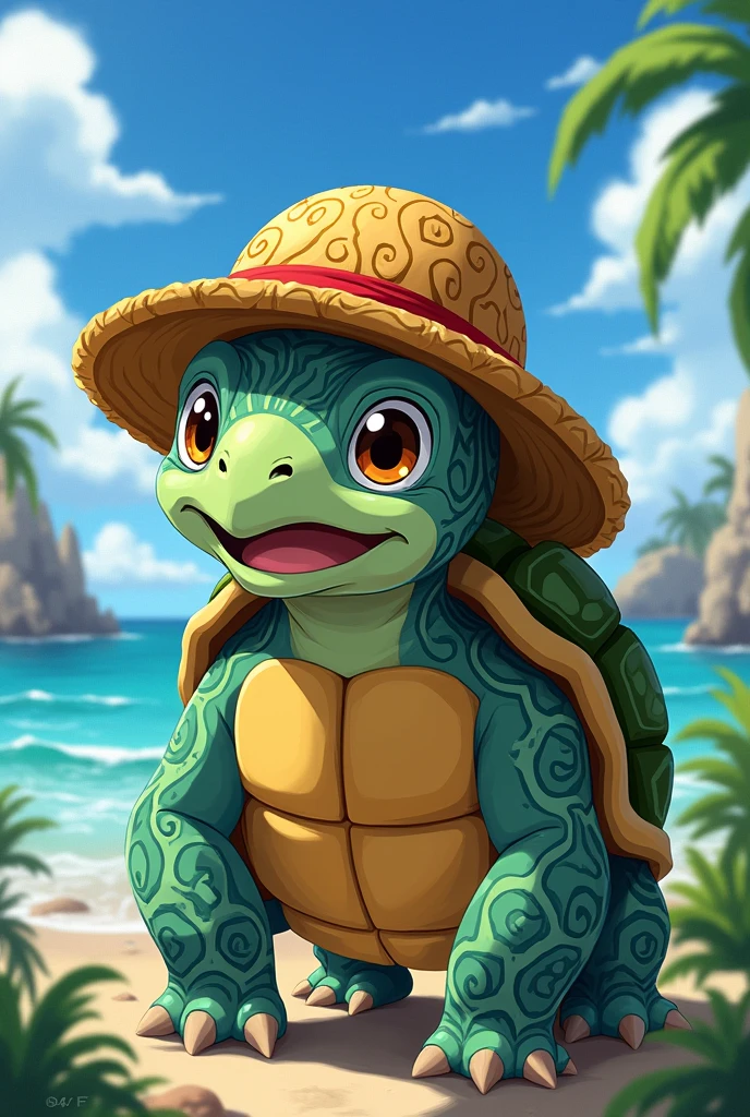 An anime version of a turtle wearing Luffy's straw hat