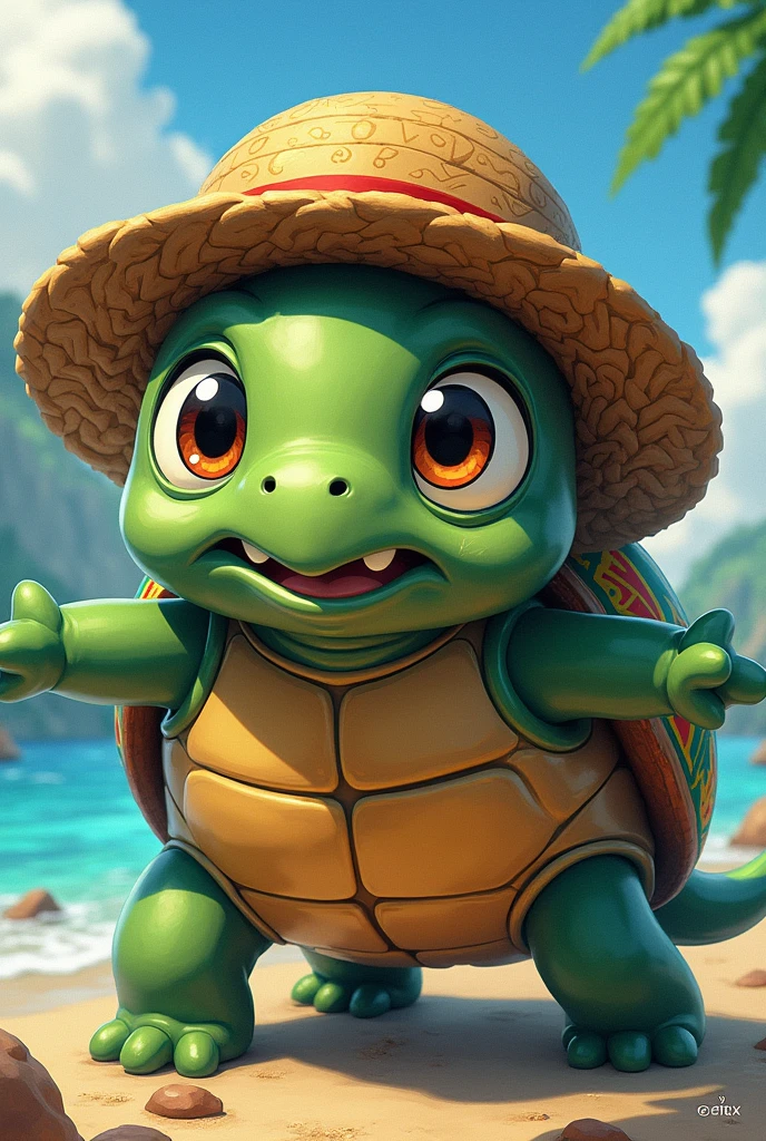 An anime version of a turtle wearing Luffy's straw hat