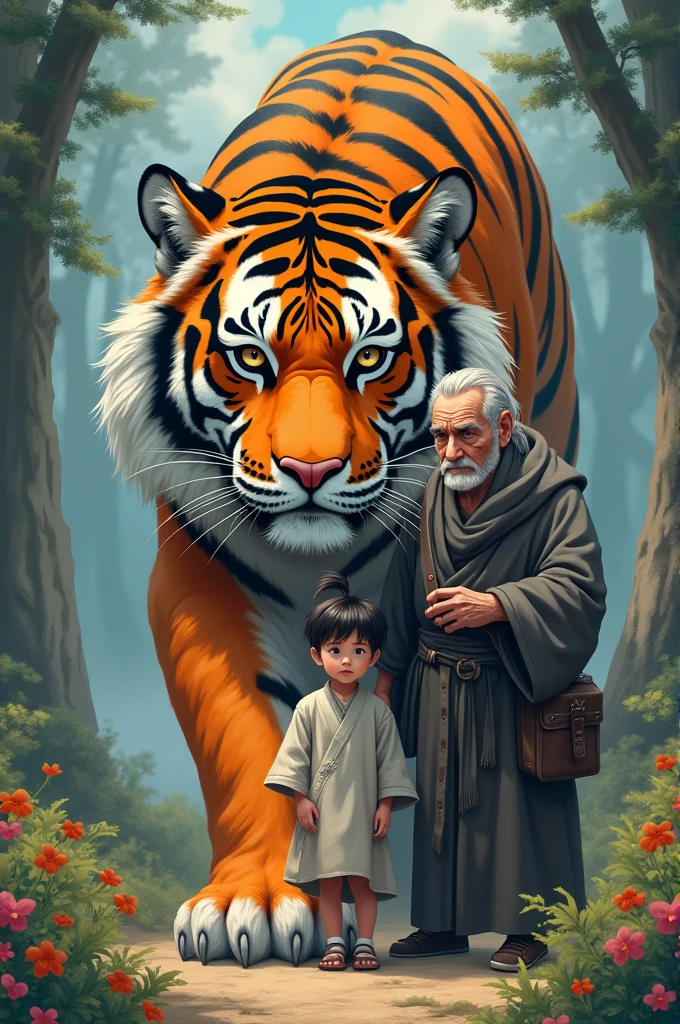 Tiger. And a old man and beauty ful kid create by youtube thumbnail size fullbhd anime photo