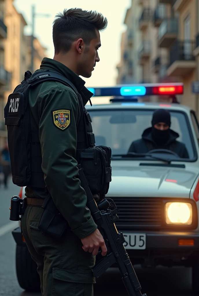 a young looking Spanish special forces agent WITHOUT A BEARD, a hairstyle(taper fade and with a gun in his hand stopping a thief who is wearing a mask and inside the police car