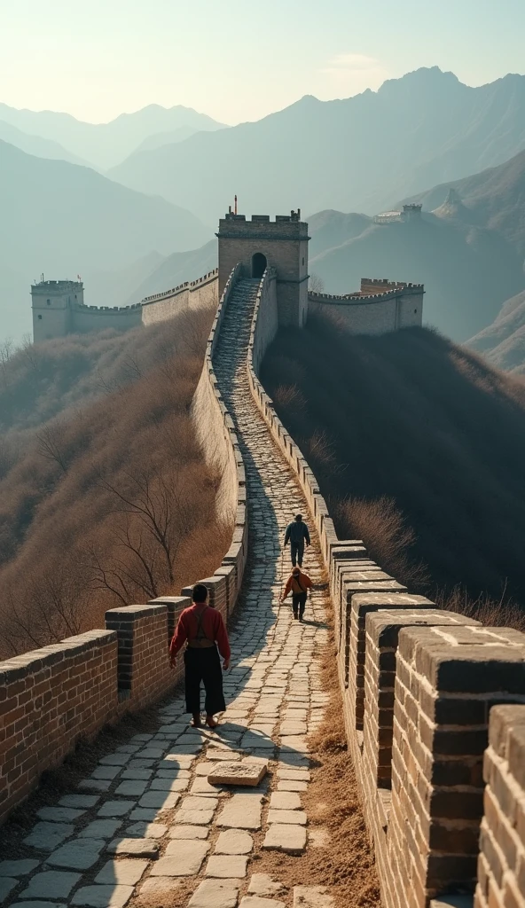 Ultra-HD, cinematic shot of workers building the wall, showing progression from different dynasties, emphasizing continuity over time.