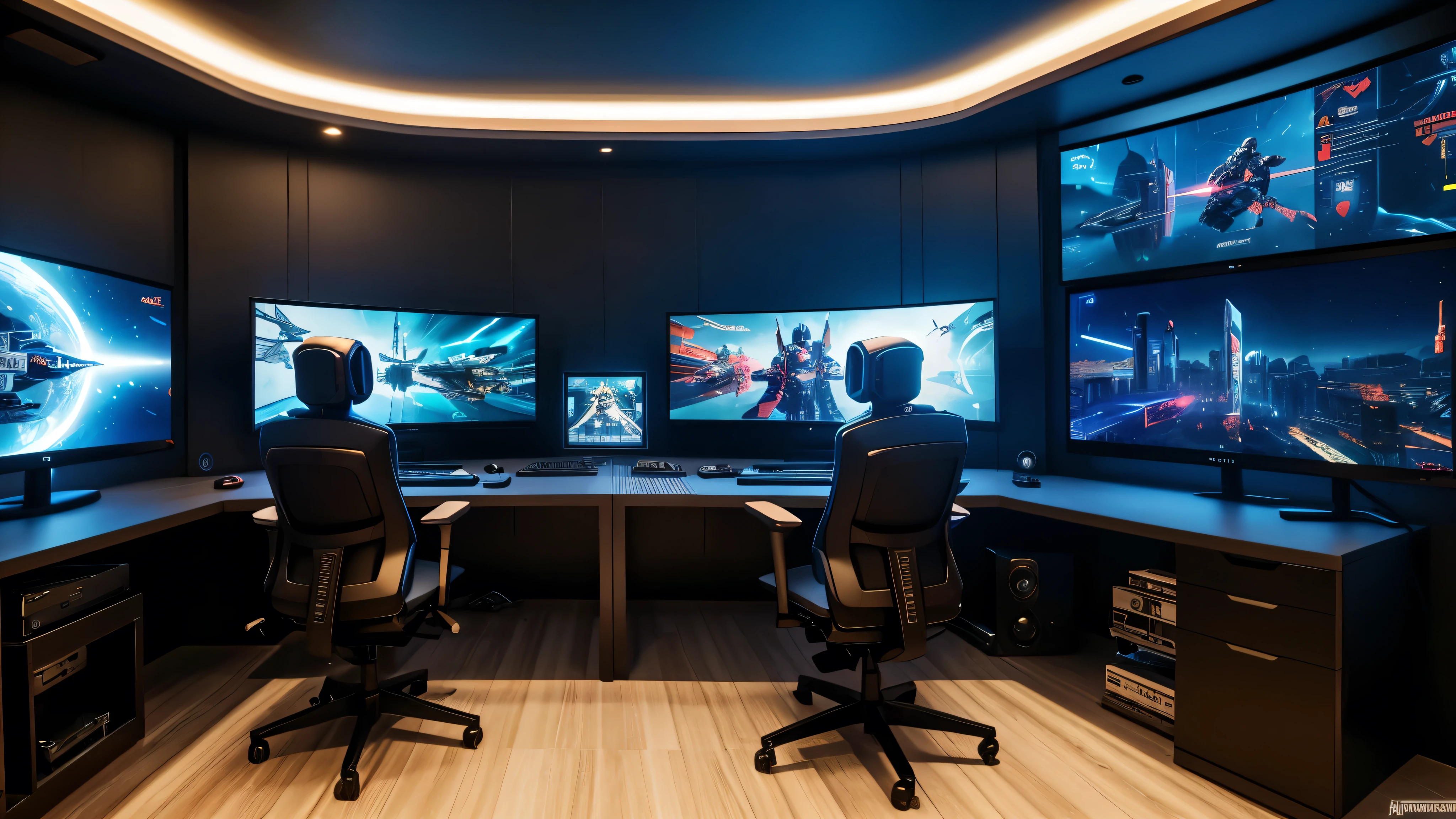 scifi, cyberpunk, futuristic, pc gaming room, hightech, daylight, very cozy, much space, wide angle, a lot of tech, 3 flat curved monitors, monitor ratio 21:9, hightech gaming-chair, monitor size 34 zoll, realistic view, ambient light, chilled ambient, high details, year 2124, cinematic