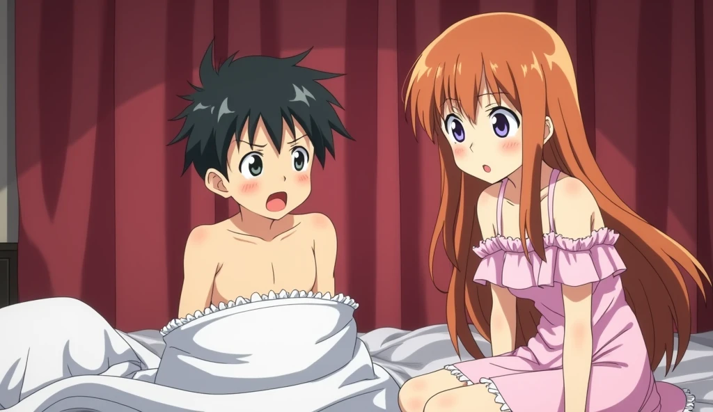  image is from an anime, depicting a humorous or awkward situation. It shows a 11 year boy with short black hair, sitting on a bed while looking at a young woman with long orange-brown hair. The girl, who appears surprised or annoyed, is wearing a frilly pink nightgown, while the boy looks startled and is partially uncovered by a bed sheet. The background features red curtains, giving the scene an intimate or tense setting. The overall style is comedic and fits the trope of awkward encounters often found in romantic or slice-of-life anime.