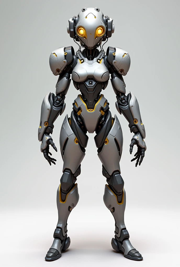 stylized style, Overwatch style female character concept, full body back and front view, robot detailed face with round eyes