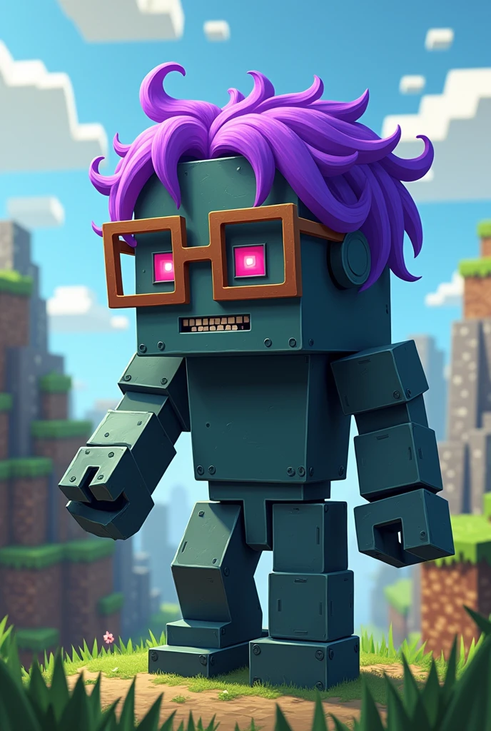 Minecraft iron golem with purple hair and very ugly with square glasses makes him less realistic