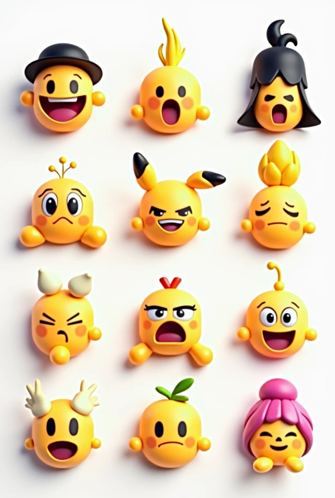 3d icon, various emoji, 12 icons, anime, UI icon, single model, white background, ultra high definition detail, 8K