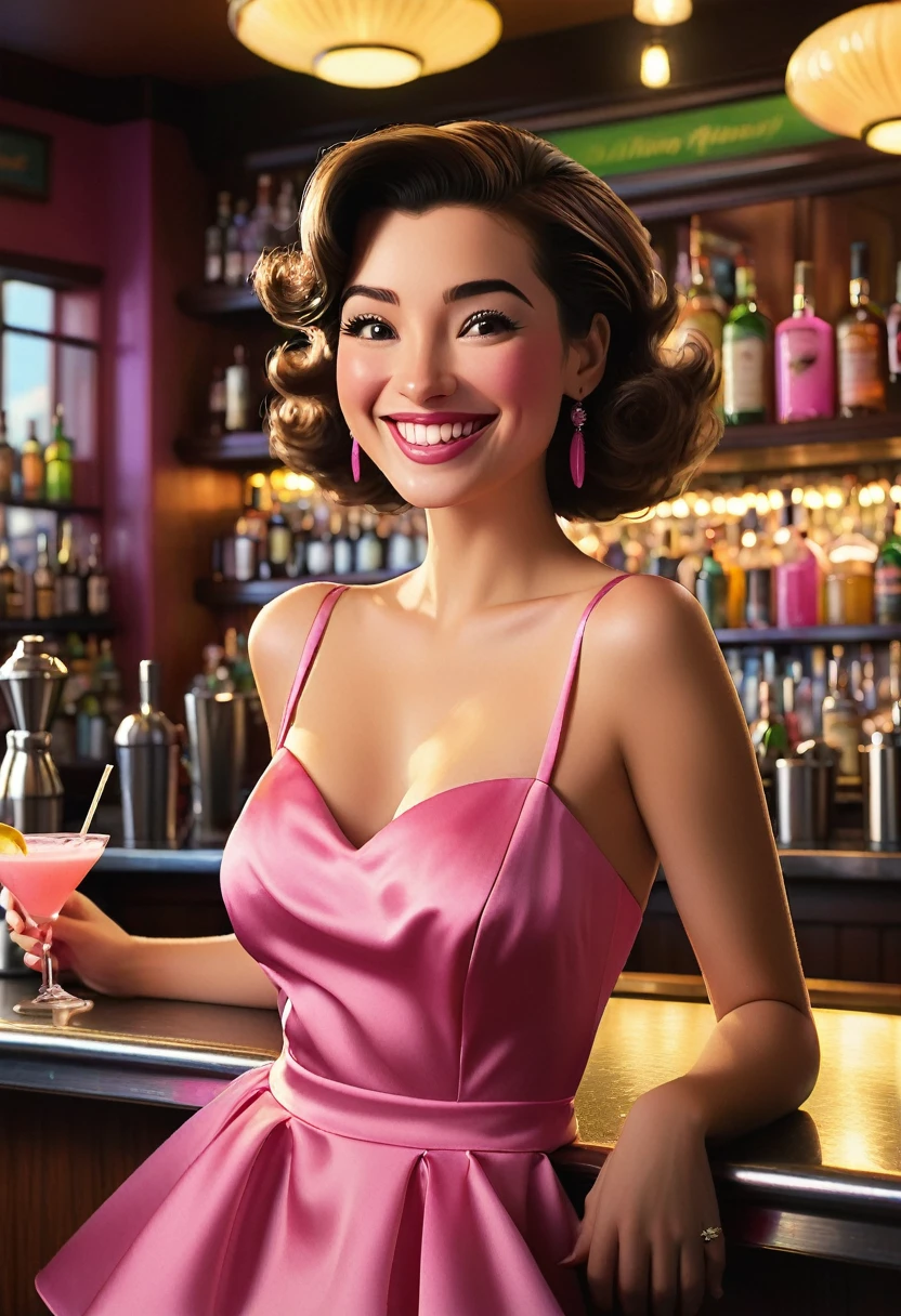 A stunning woman in the style of Pixar who is on a stood in bar counter. She is wearing pink satin coctail dress, shoulder, spontaneous smile and cute natural dimples. Dynamic posing. The background includes typical elements of a fine bar counter view. The scene is vibrant and elegant, focusing on women's features, and clothing. Perfect face, with high definition, detailed depiction, wide-angle lens, soft lighting, static movements, lively expressions, and cheerful emotions
