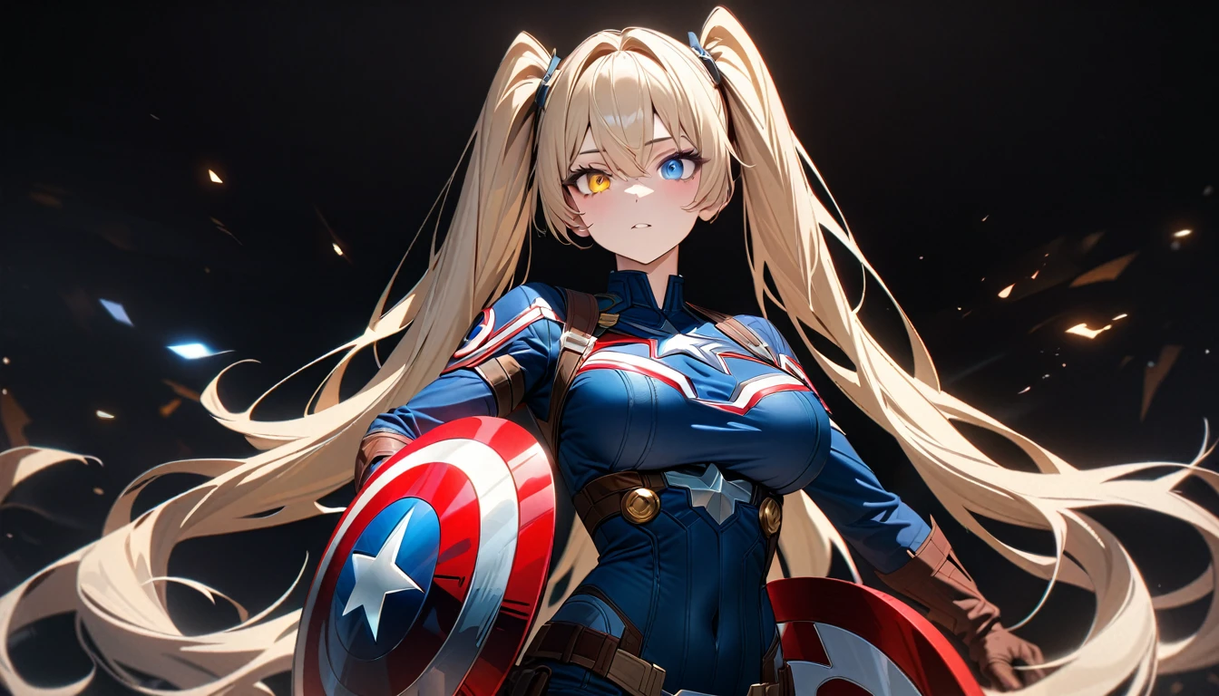 Young Woman, Long golden hair, Twin tails,, Heterochromia iridis, (Eye color is random), , (captain America), masterpiece, Highest quality, Full HD, 8k, Super detailed, Great graphics、Beautiful breasts、、Big Breasts、(Black background;1.5)、Cowboy Shot