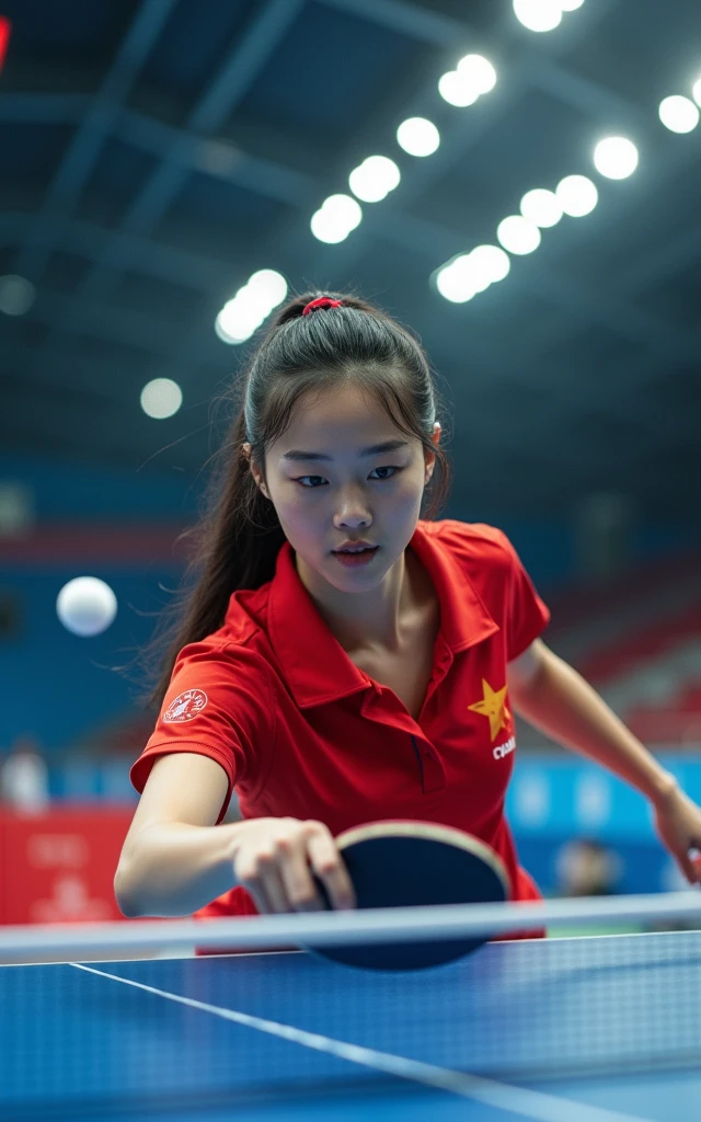 Chinese female table tennis players,full-body shot,Panoramic vistas,Wide-angle lens,18-year-old beauty,Fair skin,Charming,beauty,cute,Bright Lights,Powerful Smash,The competition is intense and exciting,Olympic Games finals as background