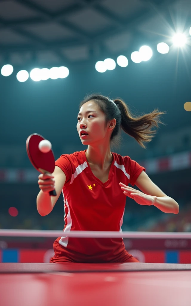 Chinese female table tennis players,full-body shot,Panoramic vistas,Wide-angle lens,18-year-old beauty,Fair skin,Charming,beauty,cute,Bright Lights,Powerful Smash,The competition is intense and exciting,Olympic Games finals as background