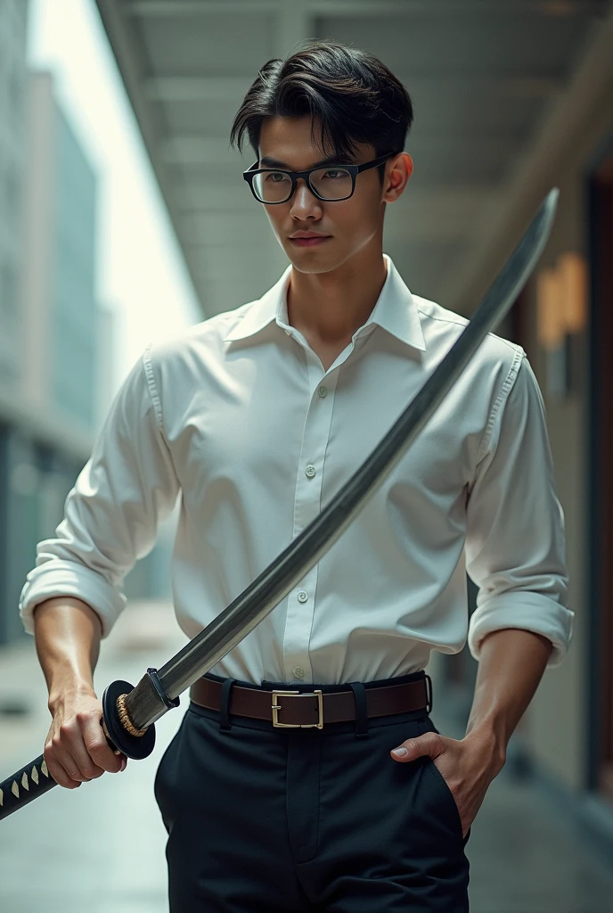 Tall lean man with glasses, young, short hair, modern formal shirt, katana 