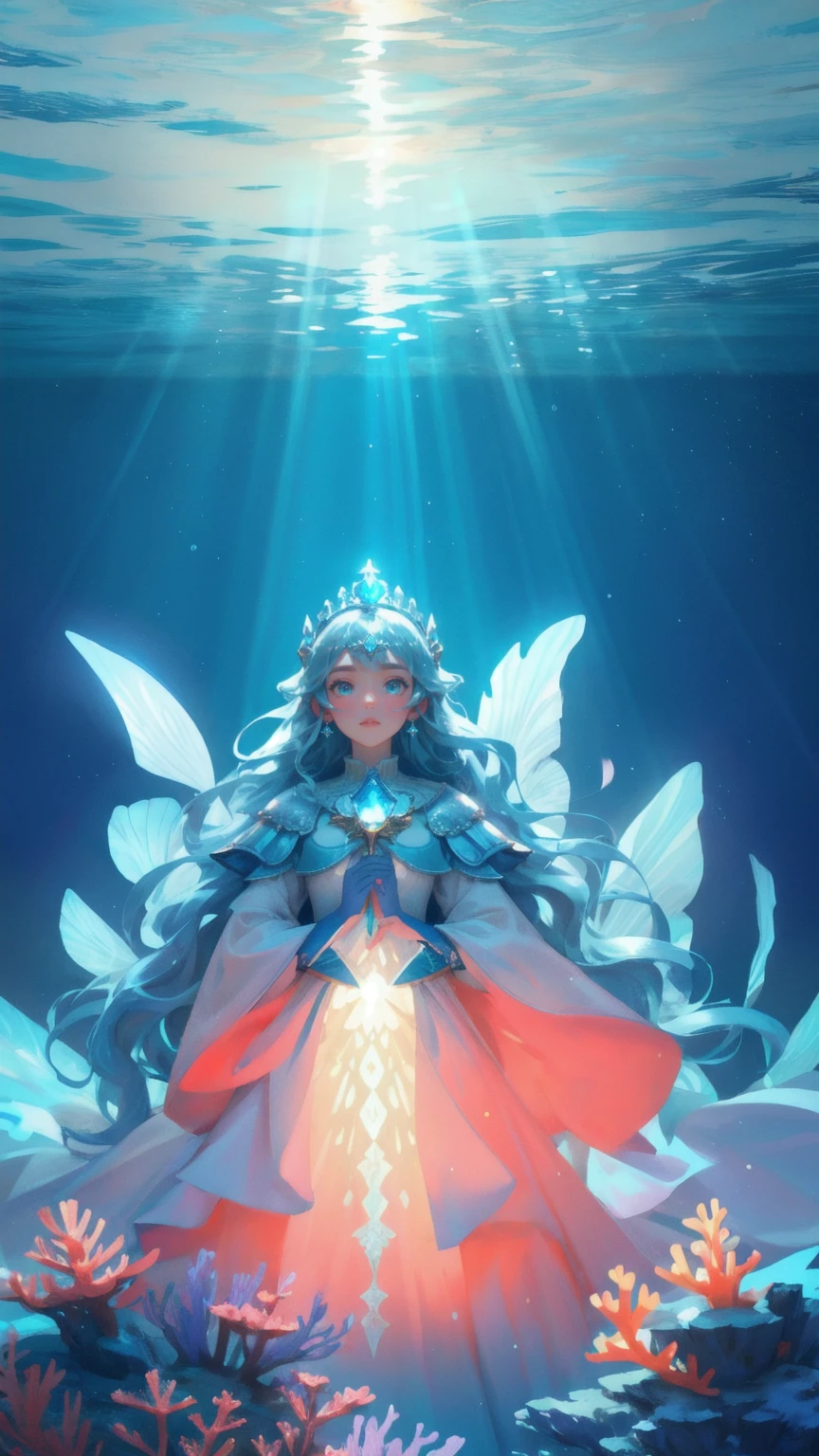 Create an image set in a majestic, blue-themed underwater world, replacing the grand figure in armor with a cute girl wearing a crown and a flowing, regal gown. The girl should stand at the center of the scene, bathed in radiant beams of light that cascade from above. Surrounding her are vibrant coral reefs and schools of colorful fish swimming through crystal-clear water. Above, a large, glowing dome adds an ethereal, otherworldly atmosphere to the scene. The image should capture a blend of fantasy, royalty, and the serene beauty of the underwater realm.