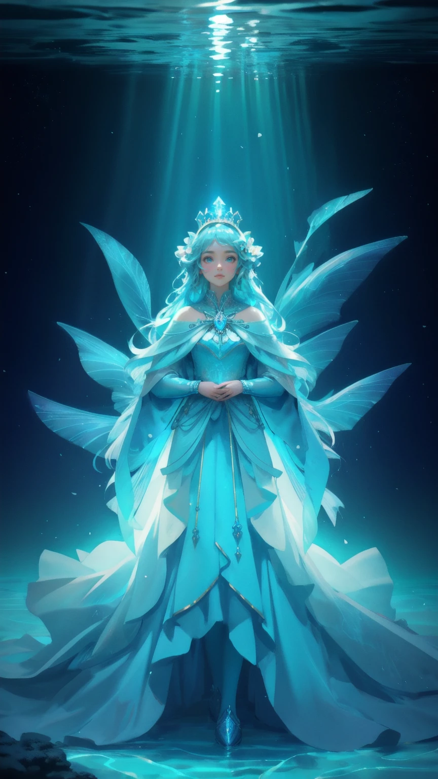 Create an image set in a majestic, blue-themed underwater world, replacing the grand figure in armor with a cute girl wearing a crown and a flowing, regal gown. The girl should stand at the center of the scene, bathed in radiant beams of light that cascade from above. Surrounding her are vibrant coral reefs and schools of colorful fish swimming through crystal-clear water. Above, a large, glowing dome adds an ethereal, otherworldly atmosphere to the scene. The image should capture a blend of fantasy, royalty, and the serene beauty of the underwater realm.