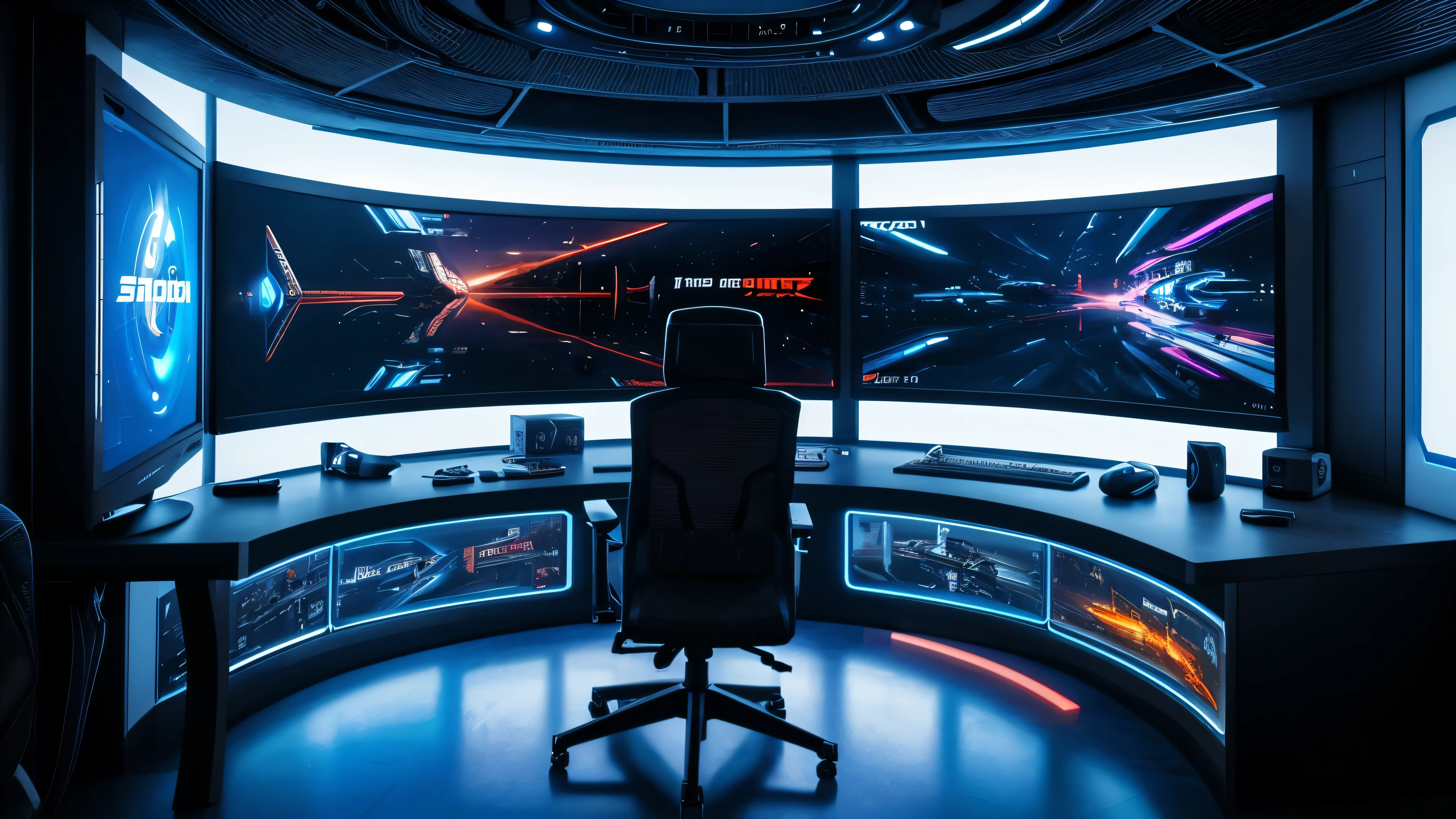 scifi, cyberpunk, futuristic, pc gaming room, hightech, daylight, very cozy, much space, wide angle, a lot of tech, 3 flat curved monitors, monitor ratio 21:9, hightech gaming-chair, monitor size 34 zoll, realistic view, ambient light, chilled ambient, high details, year 2124, cinematic