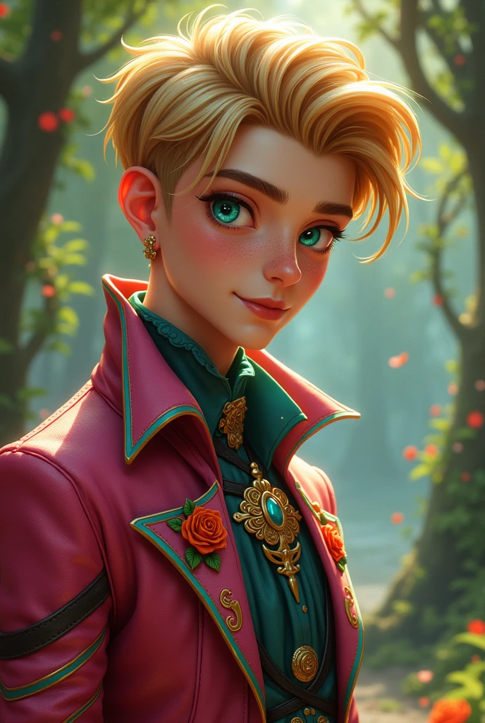  Imagem do filho da Briar Beauty e da Ashlynn Ella de Ever After High: a sexy teenage boy with golden hair, light brown skin with freckles, greeneyes, dark pink outfit with aqua green and pumpkin and rose elements on the outfit 