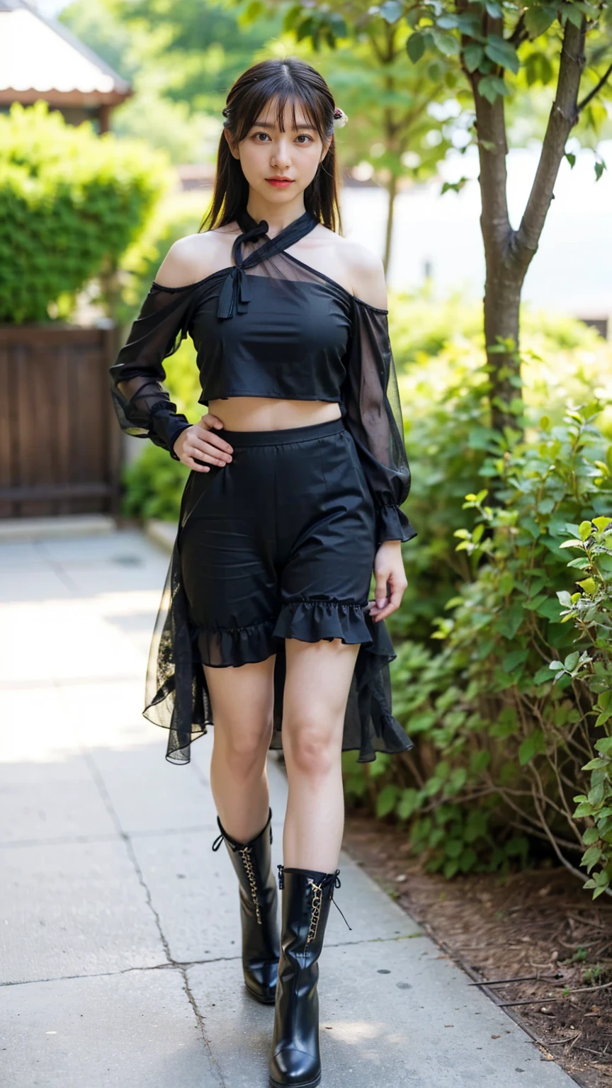 (8k、RAW Photos、Highest quality、masterpiece:1.2)、(Realistic、Realistic)、1 person、((The black、blouse、I can see my belly button、See-through、Frills、Shoulder visible、garden、Breast enlargement、boots、ribbon、Thin legs、whole body、View from the front、Looking into the camera、Stand with hands on hips))、cute