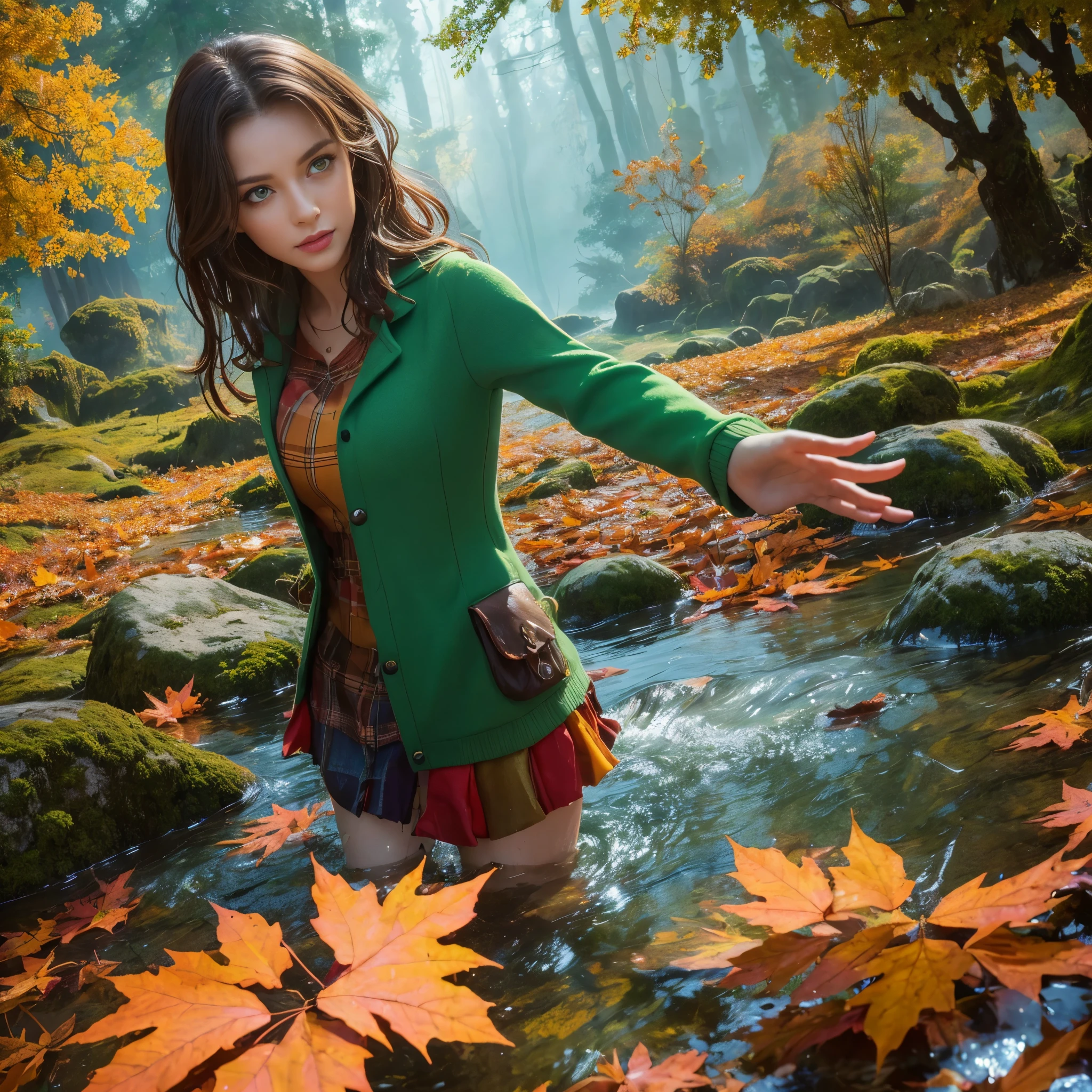masterpiece, best quality, autumn outfit, colorful hair, outdoor,upper body, colorful autumnal clothes, ((fully clothed)), warm clothes, wet clothes, soaked, drenched, excited, wet hair, wet and slimy, water up to her chest, submerged, translucent, fantasy environment, fantastical, vivid colors, varied poses, detailed green eyes