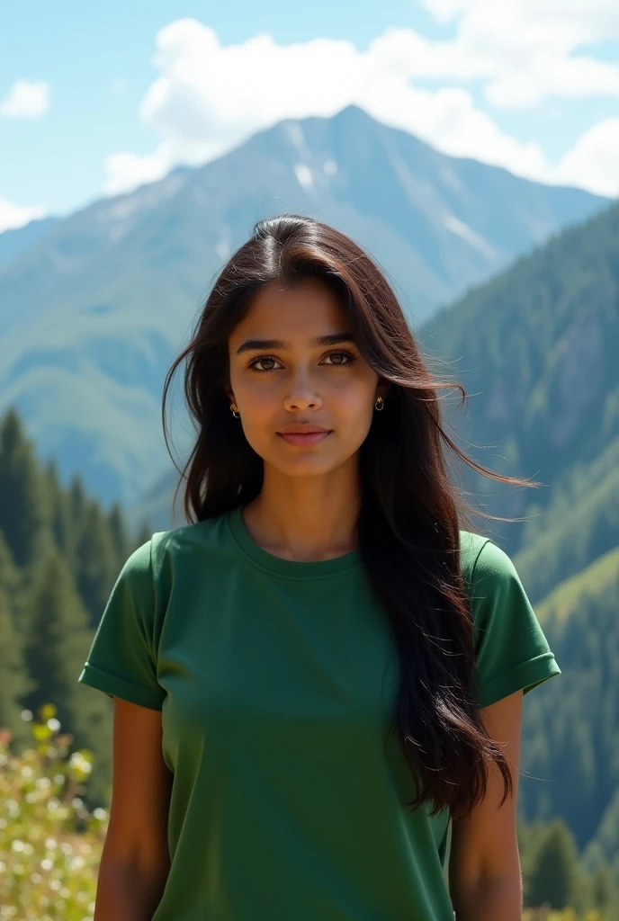 Beautiful 18 years old Indian girl wearing green t shirt in Uttarakhand mountains 