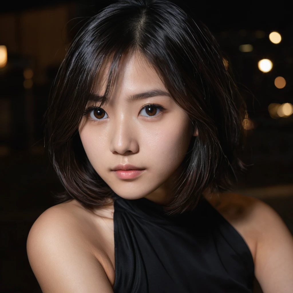 Yui, photo of female, age 15 year, black shoulder length hair with brown highlights; (dslr, ultra quality, film grain, Fujifilm XT3, crystal clear, 8K UHD, highly detailed glossy eyes, high detailed skin, skin pores); at night, distant light, dim lighting, dark, she is squating, wearing mini tight cotton black dress, side view, very tall heel