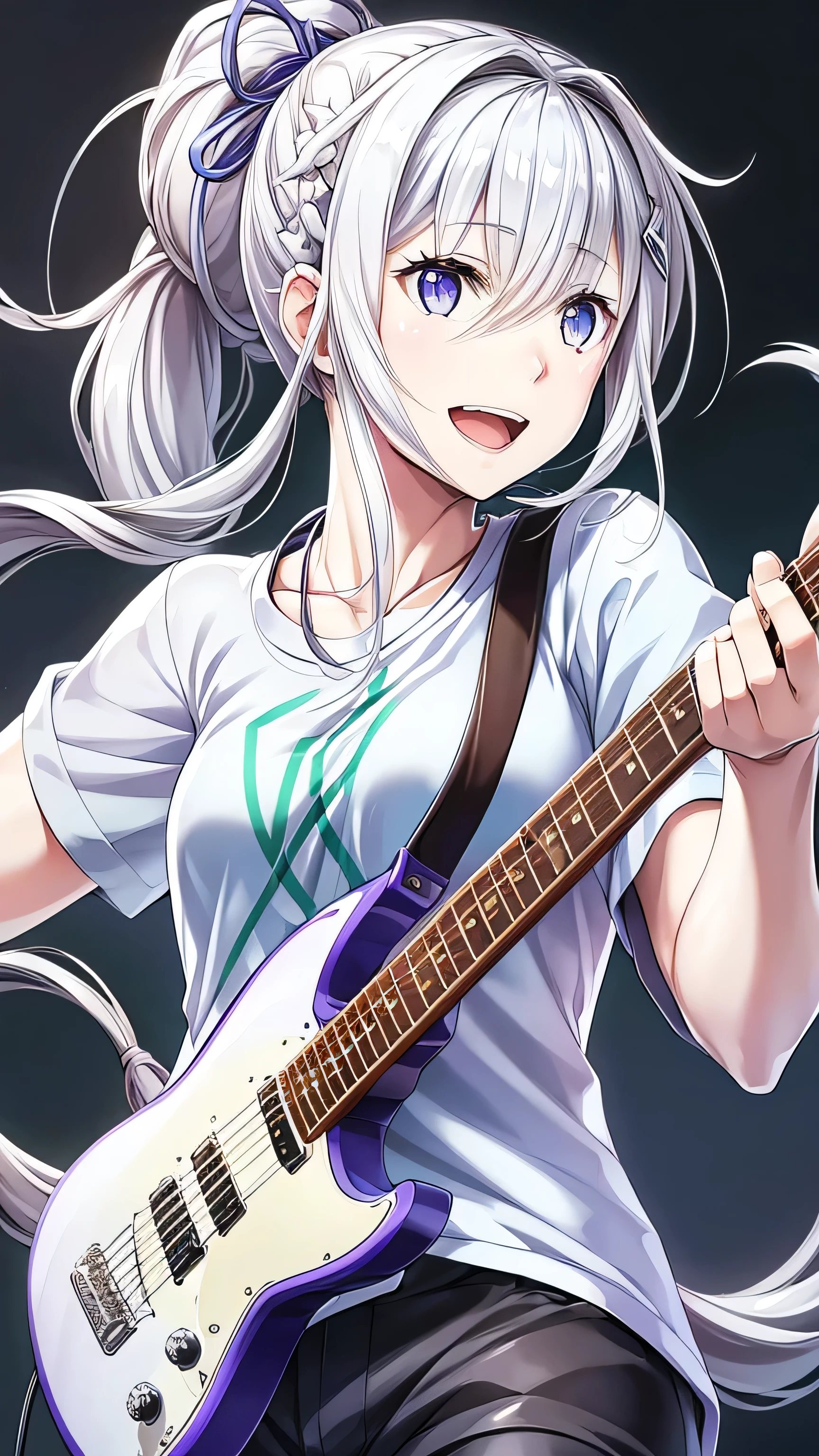 Highest quality、Electric guitar、White T-shirt、ponytail、Black trousers、woman、A lively expression、Enjoying playing