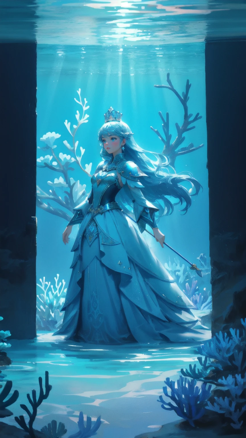 Design an image set in an enchanting, blue-themed underwater kingdom, replacing the imposing armored figure with a cute girl dressed in a flowing royal gown and a crown. The girl stands gracefully at the center, illuminated by beams of light descending from a vast, glowing dome above. The surroundings are filled with vibrant coral formations and schools of tropical fish swimming in the clear, tranquil water. The scene should evoke a sense of underwater majesty and fantasy, blending the regal presence of the girl with the serene beauty of the aquatic environment.