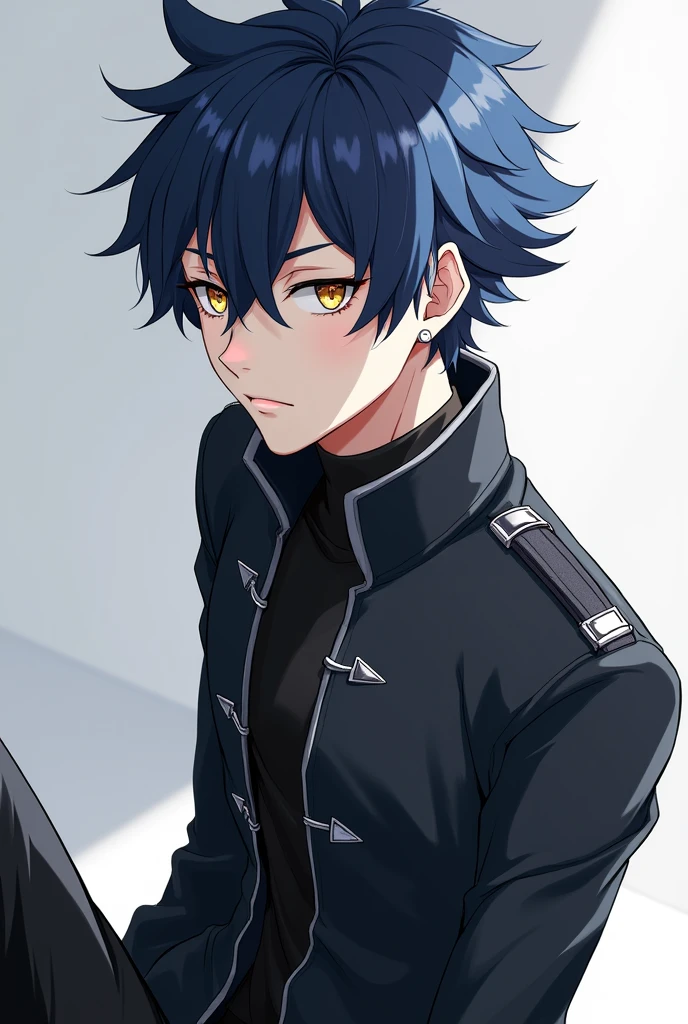 He has spiky, dark blue hair that slightly covers his forehead, and his sharp, golden eyes stand out against his fair skin. He wears a fitted black jacket with silver accents, matching pants, and boots. His overall look is sleek and stylish, with a confident yet mysterious vibe, perfectly embodying the cool anime boy aesthetic.