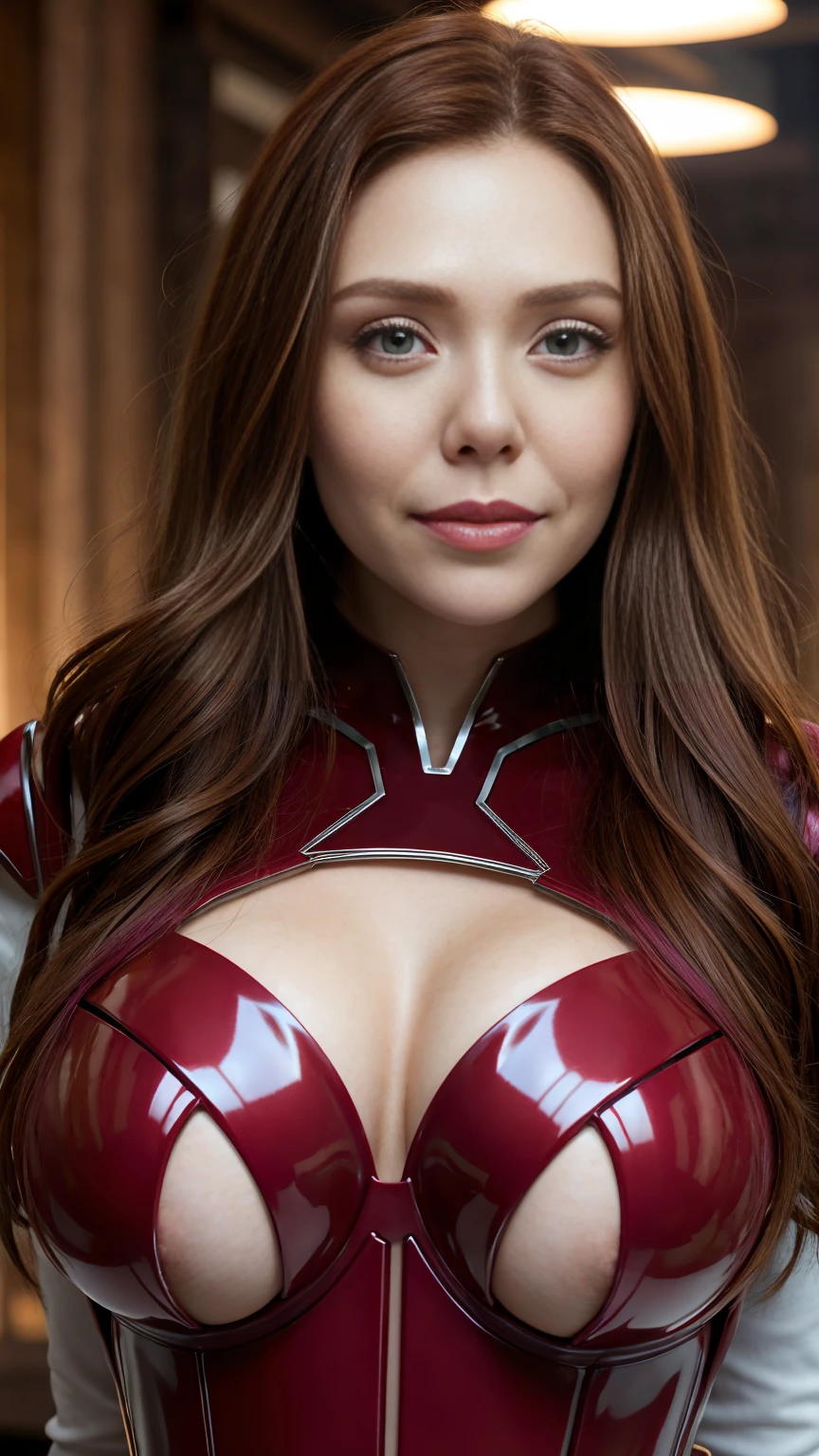Very large bust, huge breasts. It is located in a completely white room.. Red hair color red.Portrait of the bright red-haired Scarlet Witch Elizabeth Olsen with breasts like Kate Upton,Red hair, red latex costume from the Marvel Cinematic Universe, A smile on his face. bright makeup.realistic style, full length, focused on the suit, bright colors, high detail,   photorealistic rendering, освещение стоит full length

